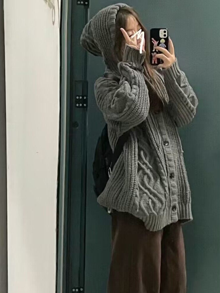 Gray Hooded Sweater Coat Women