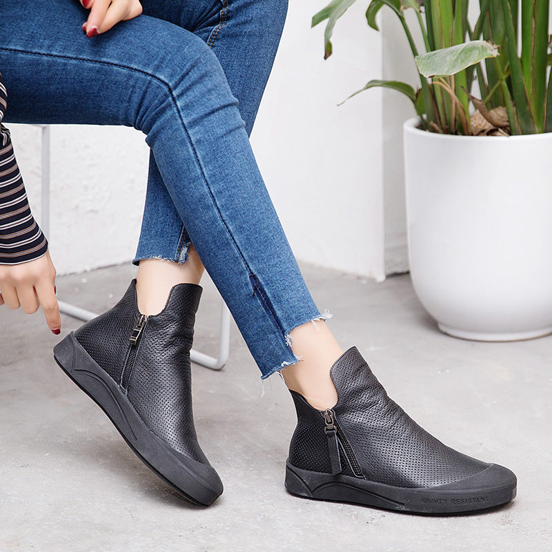 Leather And Rubber Soft Sole Zipper Shoes