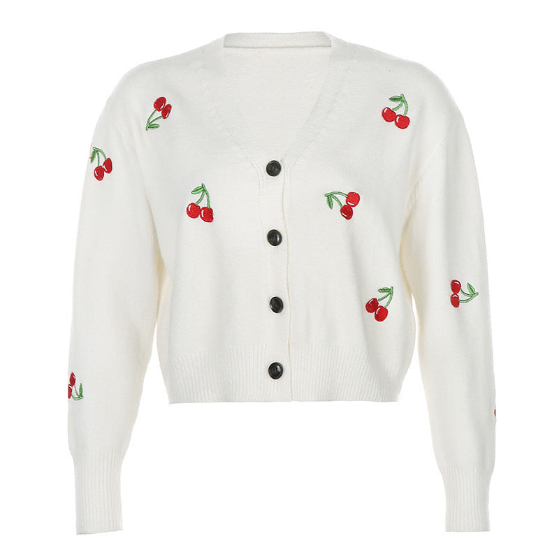 Little fresh cherry embroidered cardigan sweater women''s coat short loose mesh red ins super fire lazy style sweater