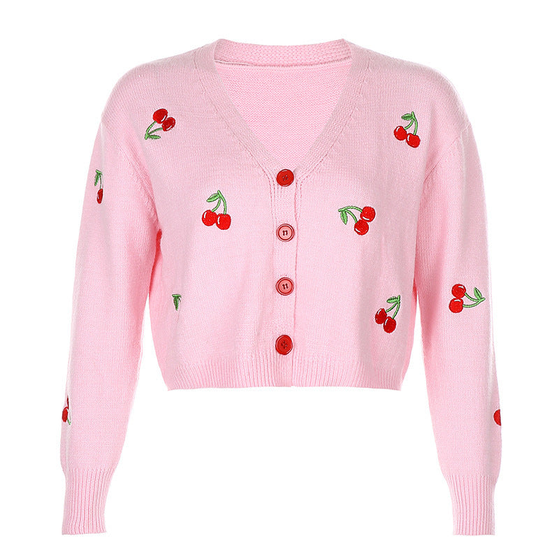 Little fresh cherry embroidered cardigan sweater women''s coat short loose mesh red ins super fire lazy style sweater