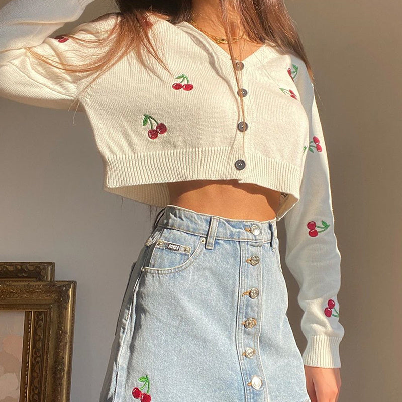 Little fresh cherry embroidered cardigan sweater women''s coat short loose mesh red ins super fire lazy style sweater
