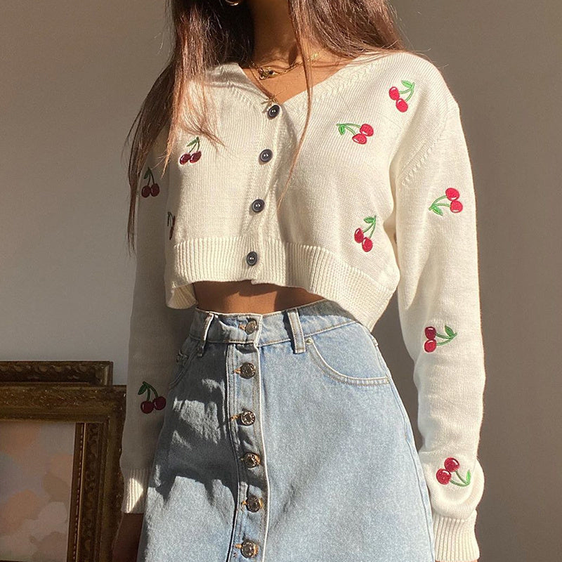 Little fresh cherry embroidered cardigan sweater women''s coat short loose mesh red ins super fire lazy style sweater