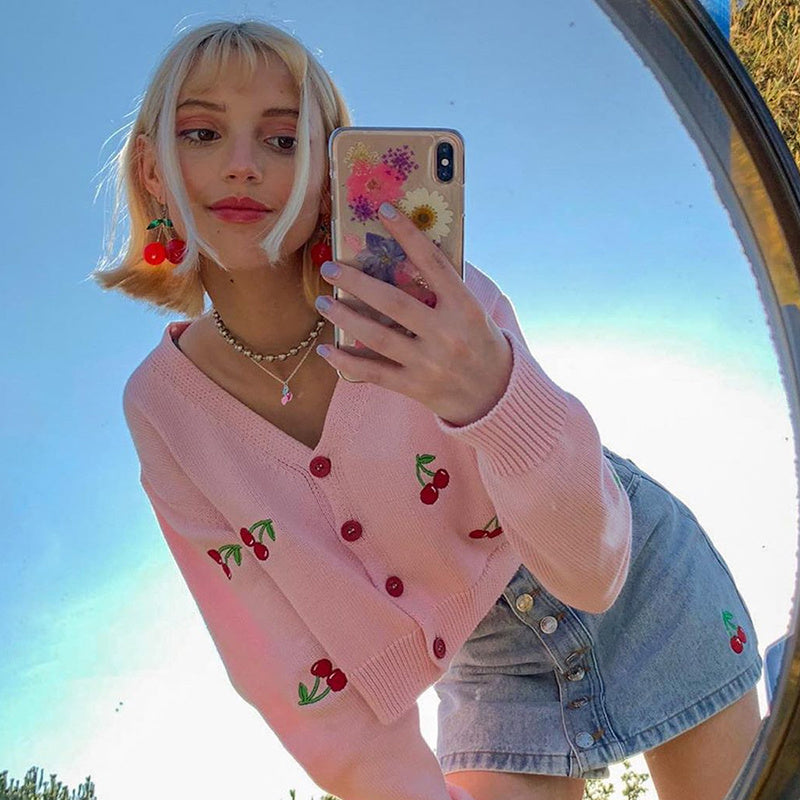 Little fresh cherry embroidered cardigan sweater women''s coat short loose mesh red ins super fire lazy style sweater