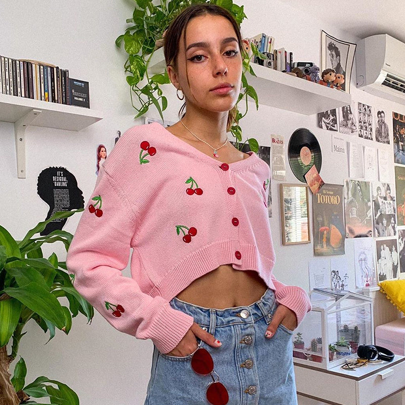 Little fresh cherry embroidered cardigan sweater women''s coat short loose mesh red ins super fire lazy style sweater