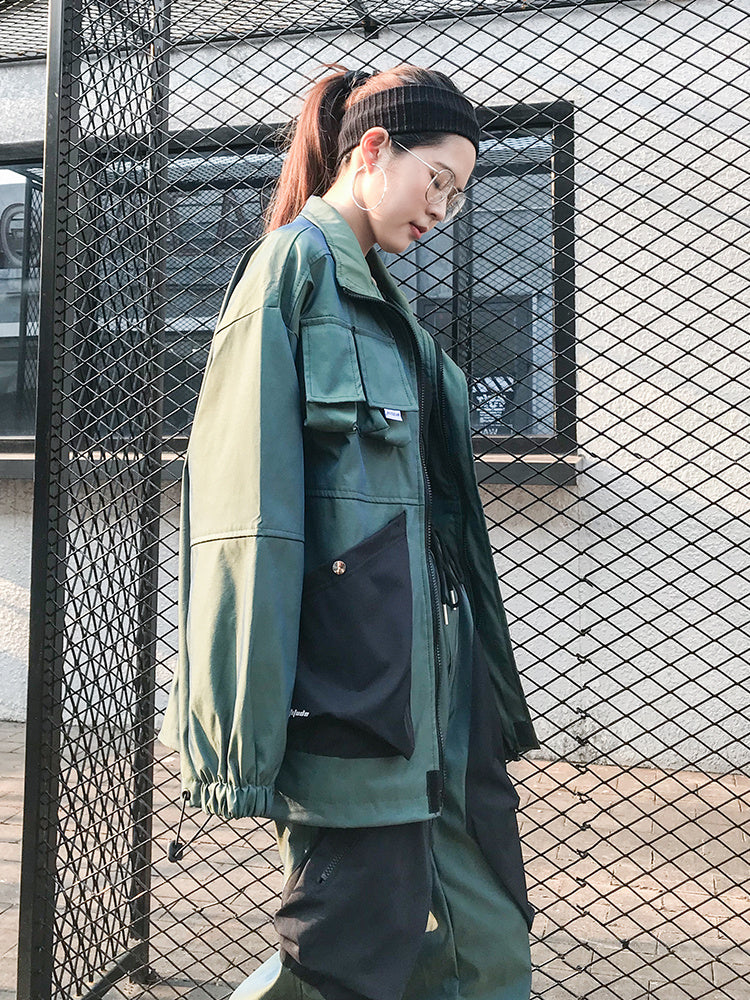 Color Block Jacket Baseball Uniform Women Loose Jacket
