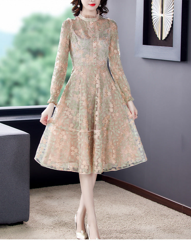 Women''s Dress Fat Sister Gentle Style Long Sleeve Celebrity Temperament Embroidery Mesh Dress