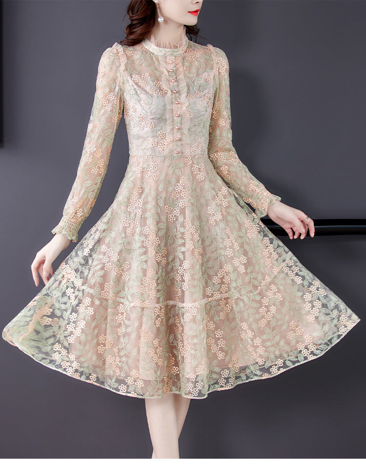 Women''s Dress Fat Sister Gentle Style Long Sleeve Celebrity Temperament Embroidery Mesh Dress