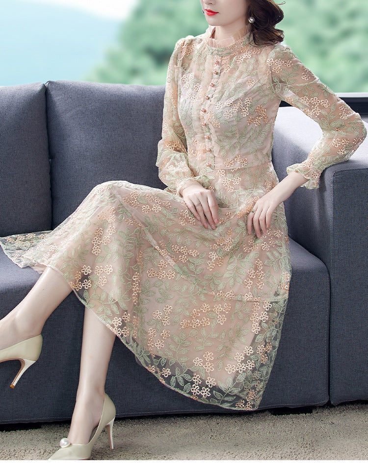 Women''s Dress Fat Sister Gentle Style Long Sleeve Celebrity Temperament Embroidery Mesh Dress