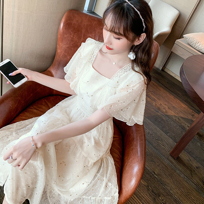 Nut dress summer new skirt French retro small women"s high waist slim square collar dress