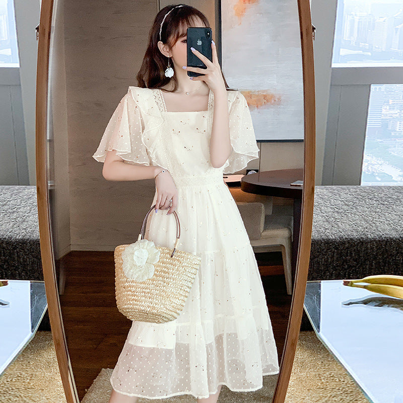 Nut dress summer new skirt French retro small women"s high waist slim square collar dress