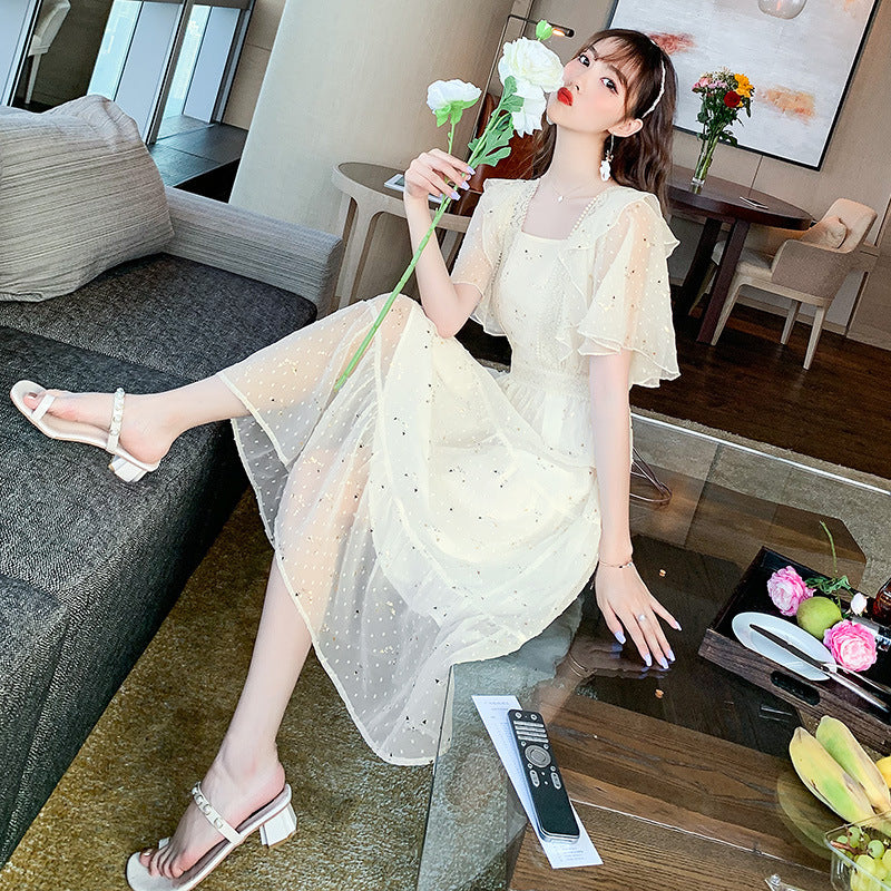 Nut dress summer new skirt French retro small women"s high waist slim square collar dress