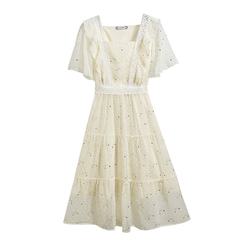 Nut dress summer new skirt French retro small women"s high waist slim square collar dress