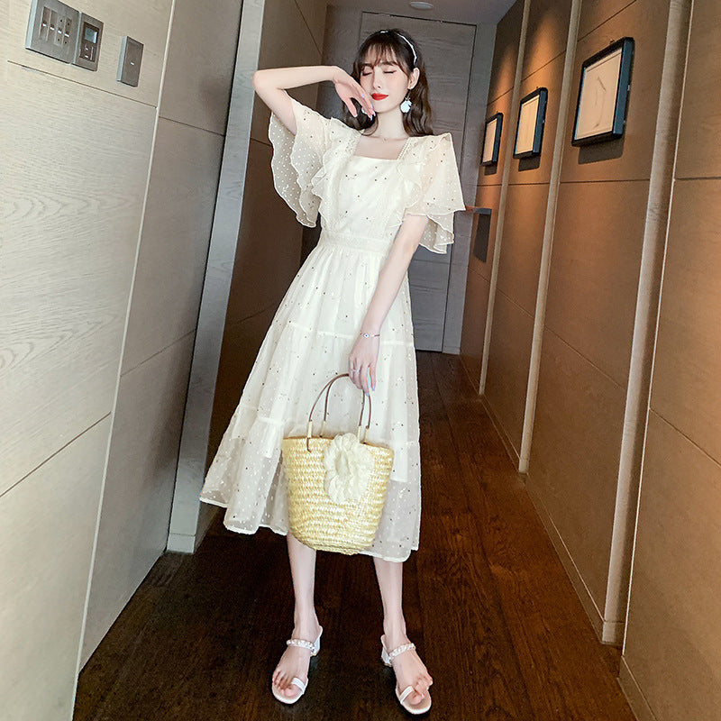 Nut dress summer new skirt French retro small women"s high waist slim square collar dress