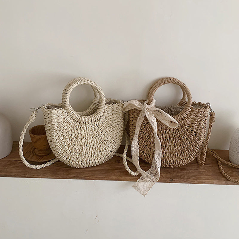 Women Hand-Woven Handbag Moon Shape Lace Bow Rattan Bag