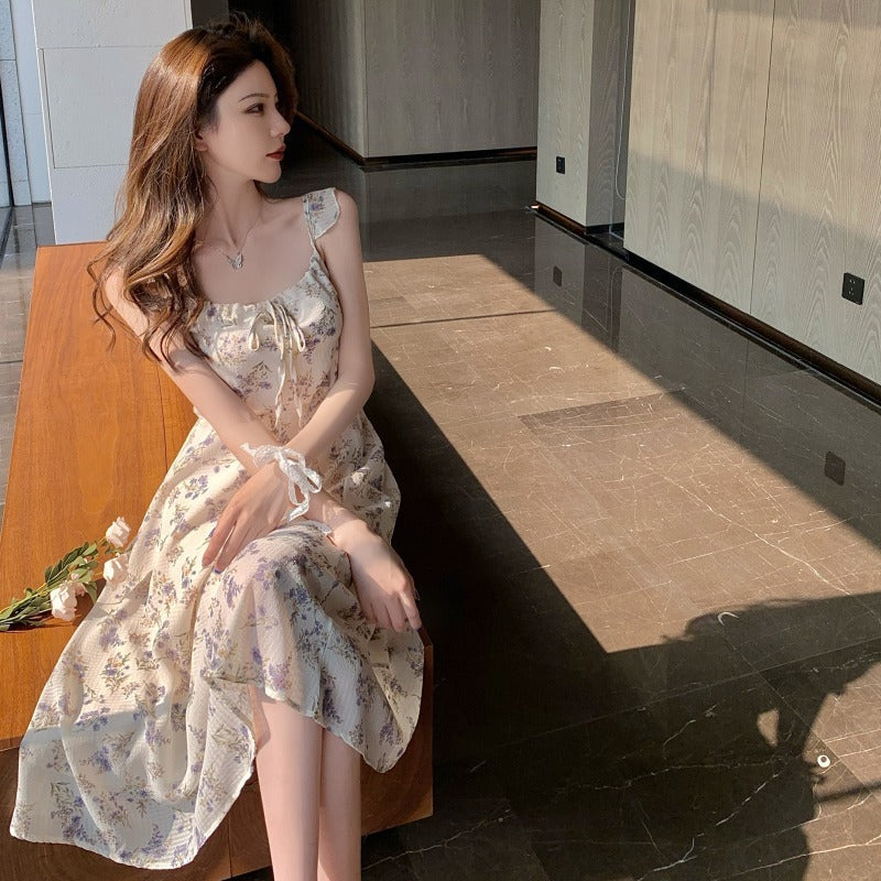 Women"S New Summer French Gentle And Elegant Chiffon Dress With Fragmentary Flower Temperament