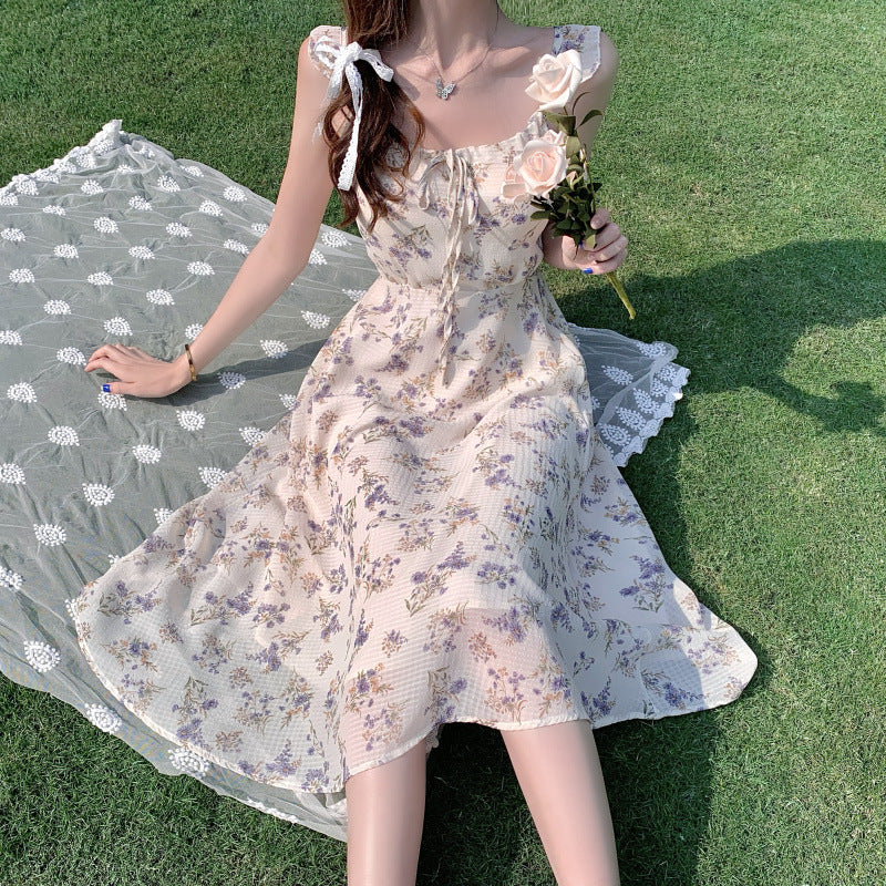 Women"S New Summer French Gentle And Elegant Chiffon Dress With Fragmentary Flower Temperament