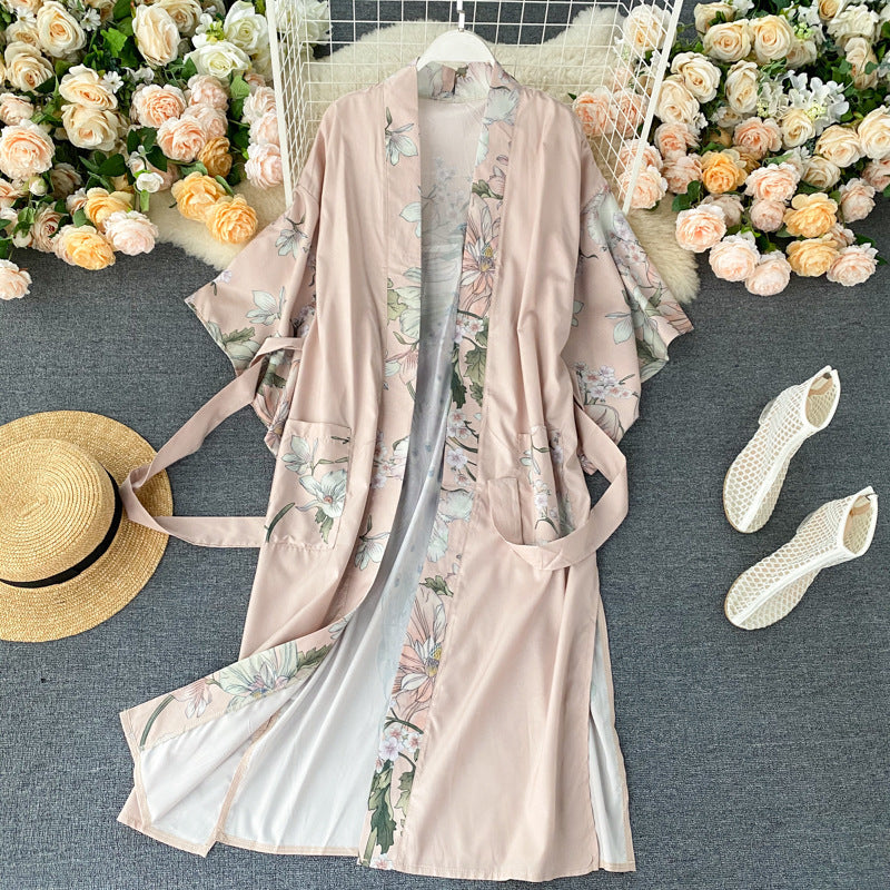 European And American Fashion Blogger Pajama Style Satin Dress Women''s Fashion Printing Long Vacation Sunscreen Coat Fashion