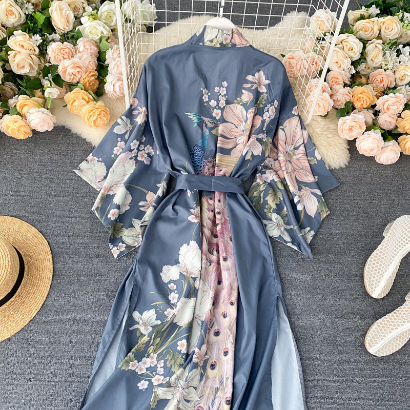 European And American Fashion Blogger Pajama Style Satin Dress Women''s Fashion Printing Long Vacation Sunscreen Coat Fashion
