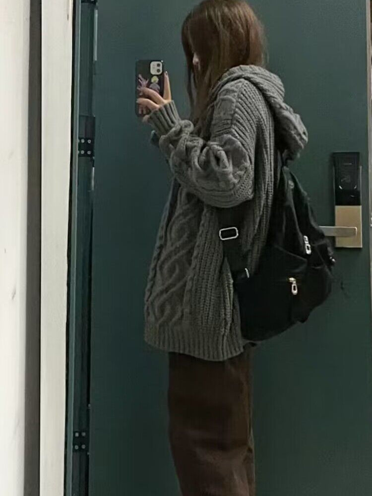 Gray Hooded Sweater Coat Women