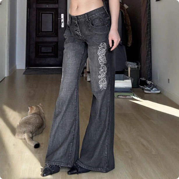 Dark Style Vintage Printed Washed Old Skinny Jeans