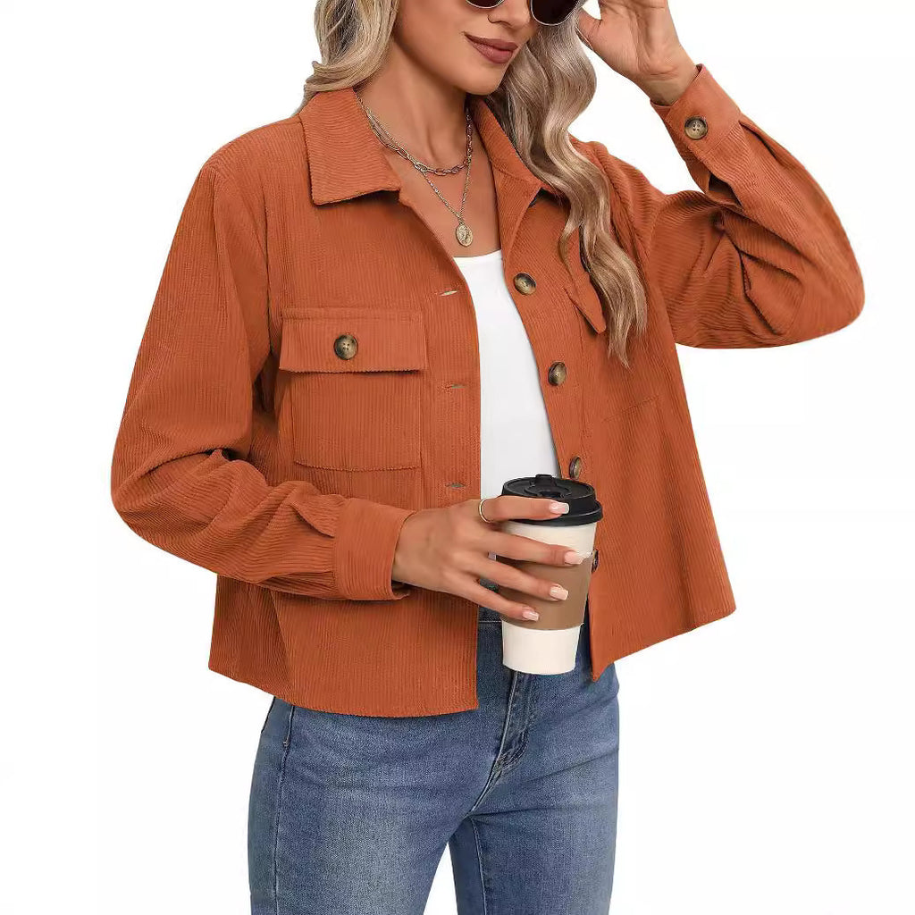 Corduroy Button Cropped Jacket For Women