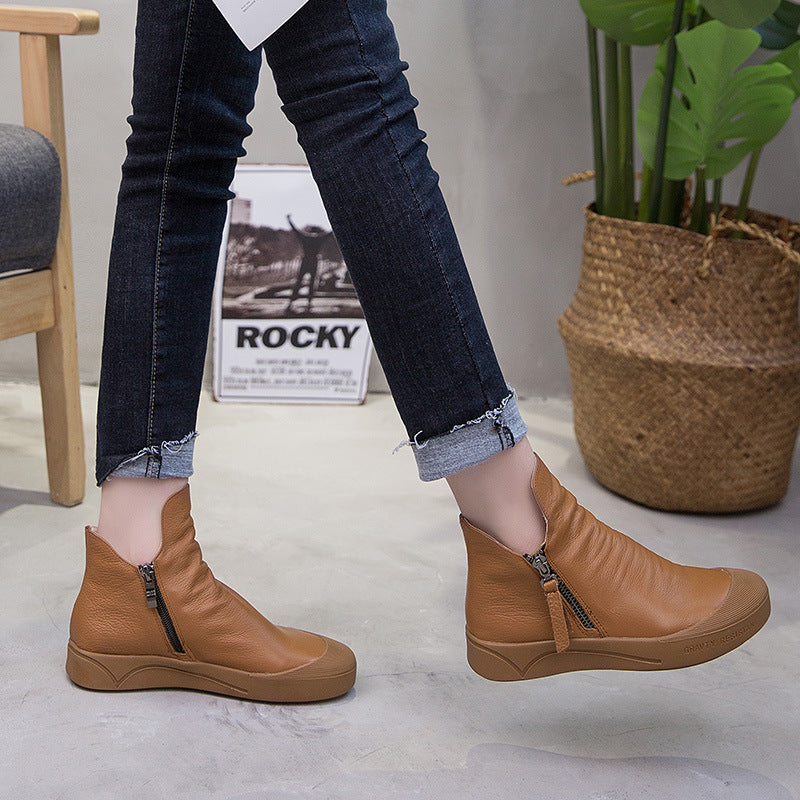 Leather And Rubber Soft Sole Zipper Shoes