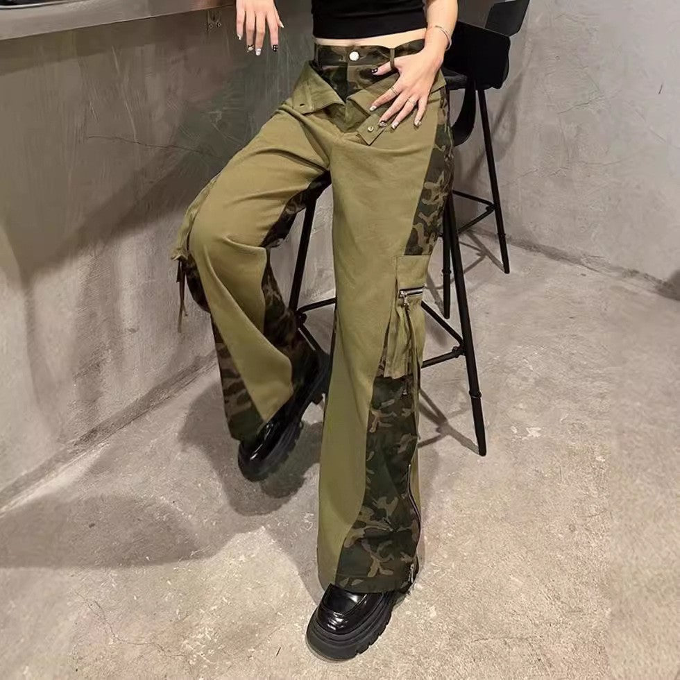 Retro High Waist Tooling Pants Fake Two Stitching Leopard Print Jeans