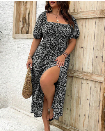 Square Collar Floral Dress Women