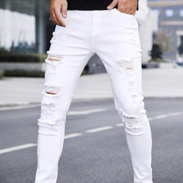 Men's Solid Color Cuffed Straight Jeans Casual And Comfortable Slim Fit