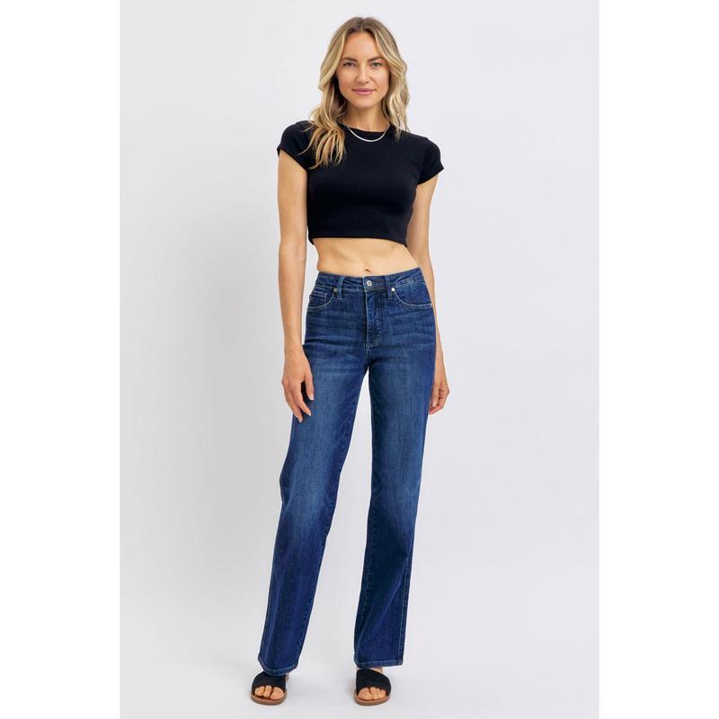Mid-waist Dark Color Water Scrubbing Belly-contracting Straight Jeans