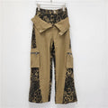 Retro High Waist Tooling Pants Fake Two Stitching Leopard Print Jeans