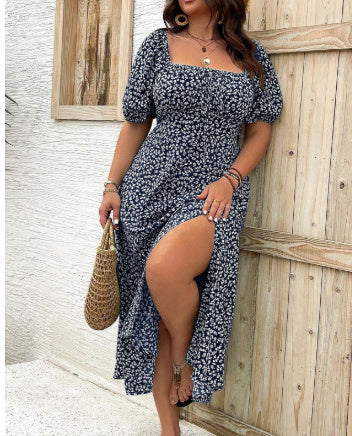 Square Collar Floral Dress Women