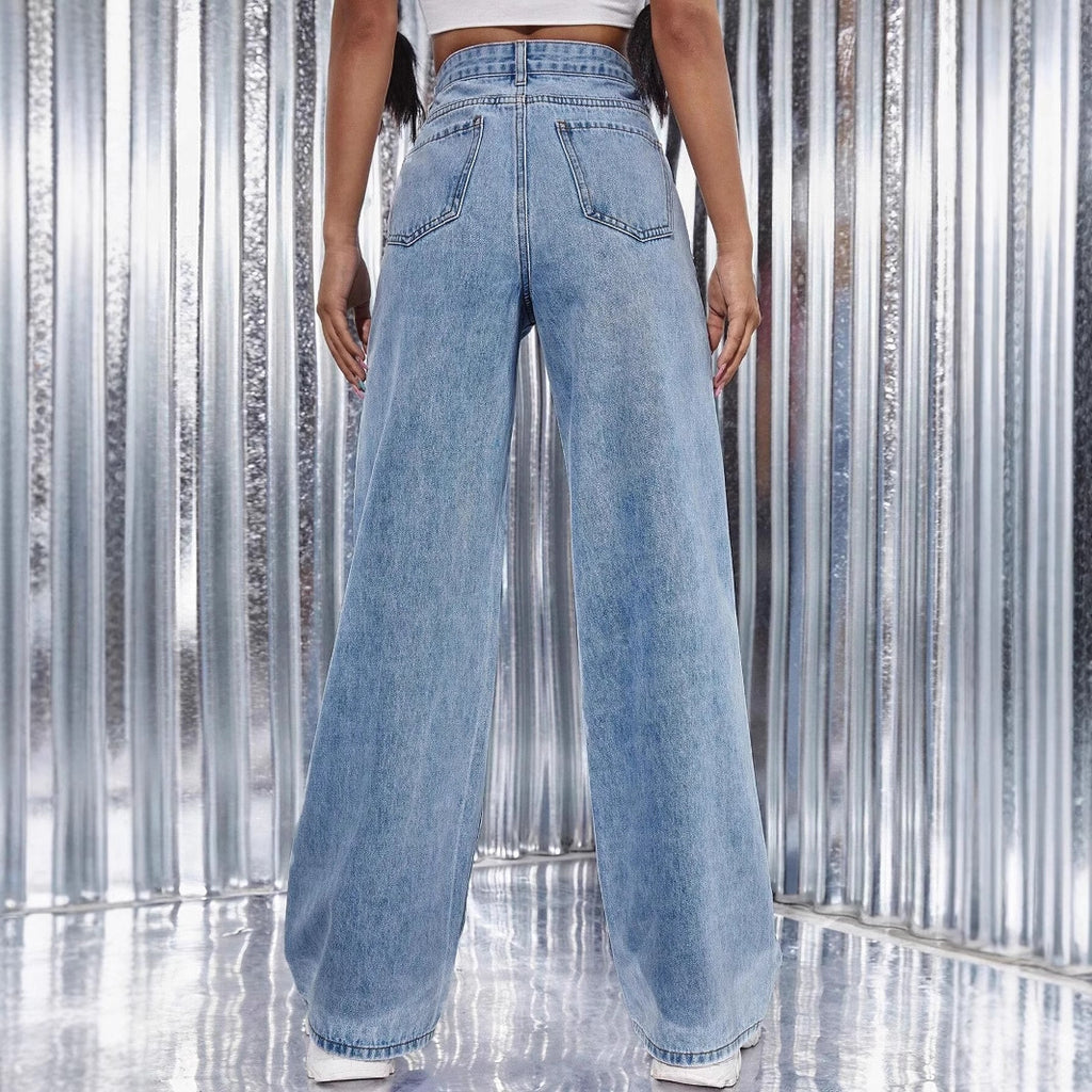 Women's Washed High Waist Straight-leg Denim Trousers