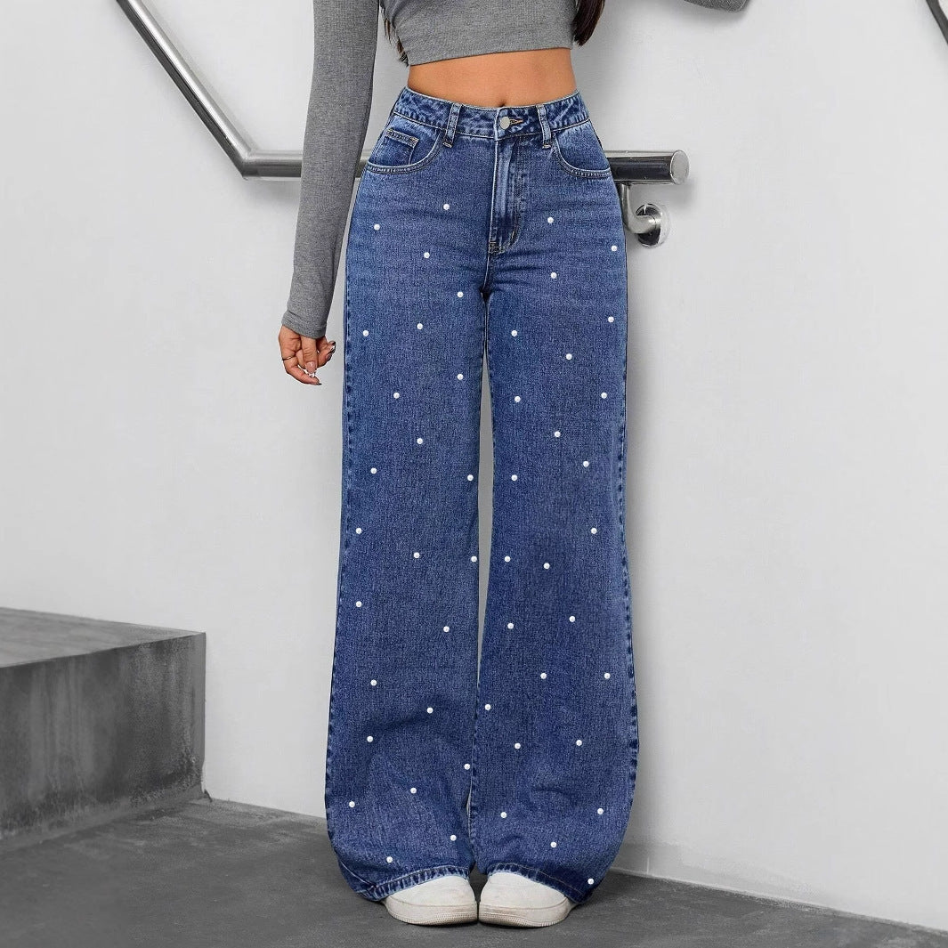 Women's Washed High Waist Straight-leg Denim Trousers