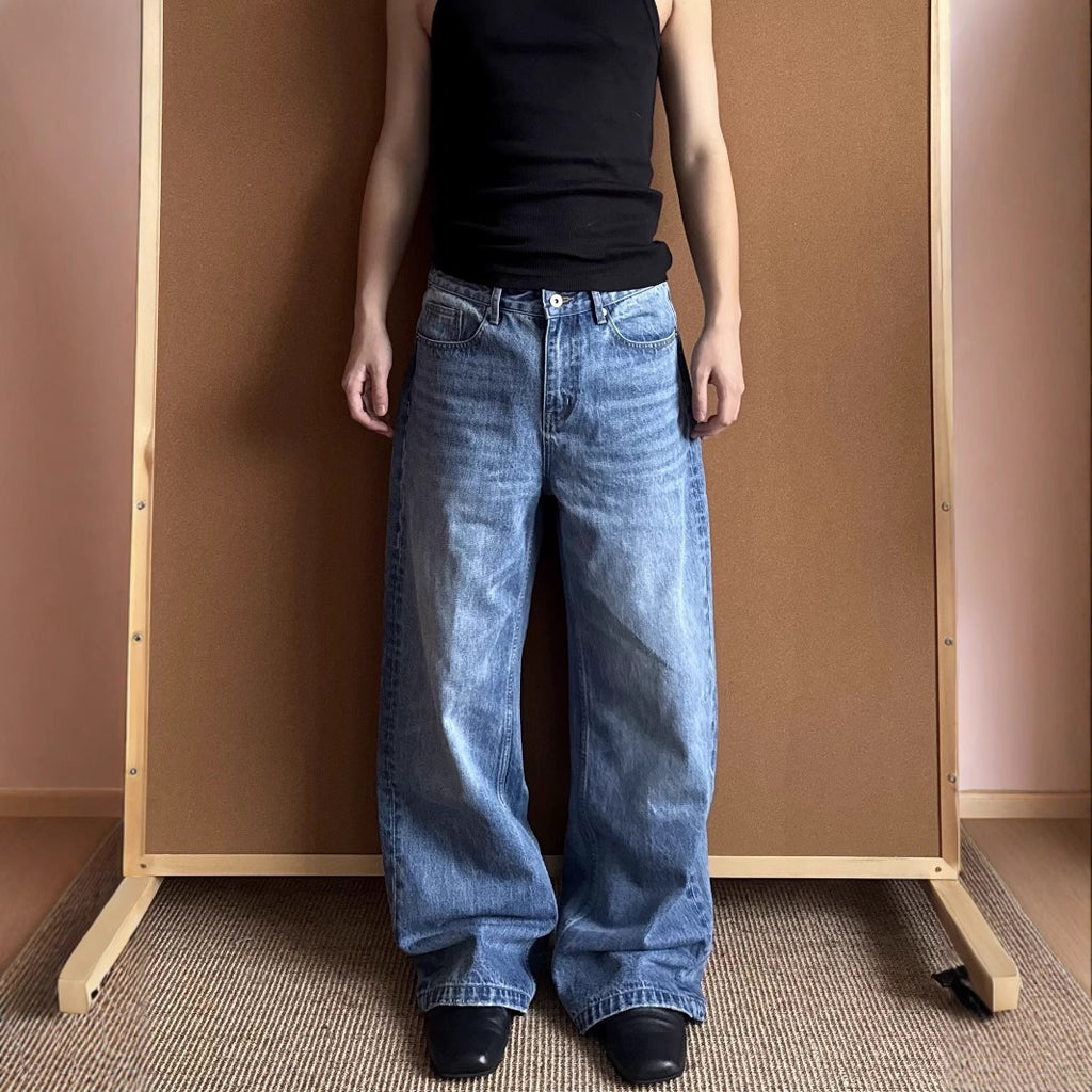 Washed Distressed A- Line Loose Straight Jeans