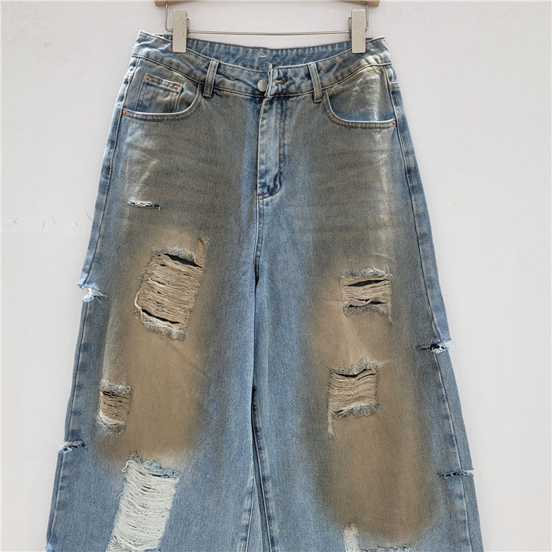 Retro Washed And Worn Loose Hole Wide Leg Mopping Hot Girl Jeans For Women