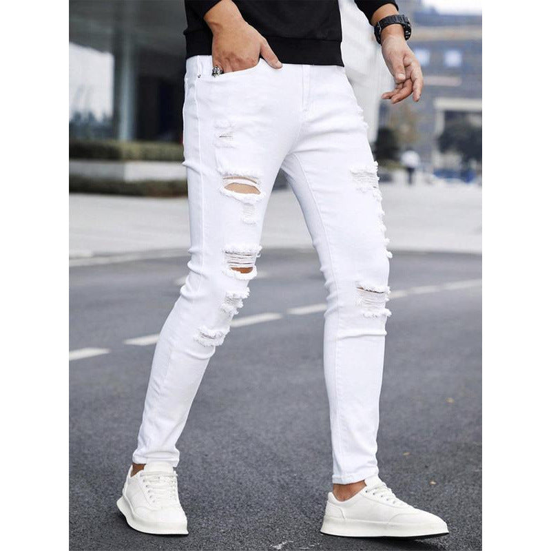 Men's Solid Color Cuffed Straight Jeans Casual And Comfortable Slim Fit