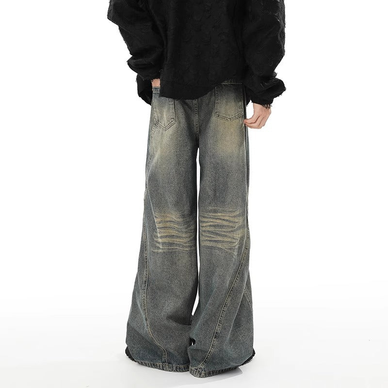 Washed Distressed Stitching Jeans Men's Straight Loose Wide-leg Pants