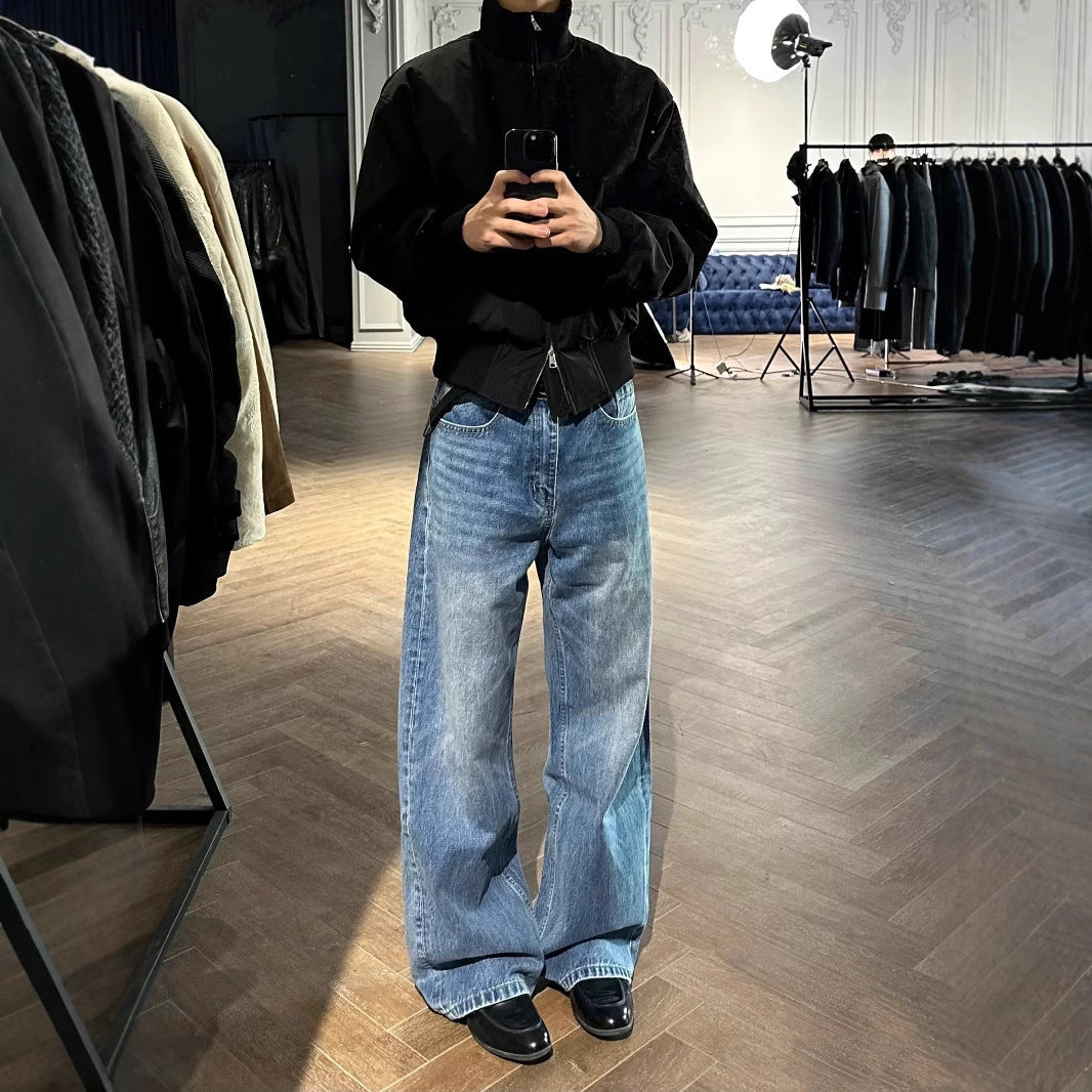 Washed Distressed A- Line Loose Straight Jeans