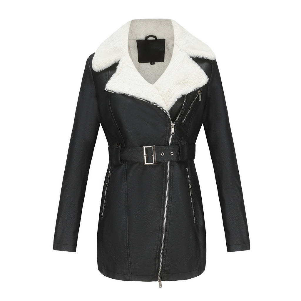 Long Sleeve Fleece Leather Jacket Women
