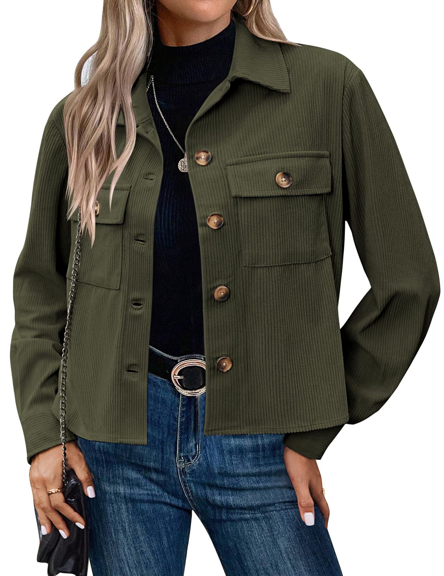Corduroy Button Cropped Jacket For Women