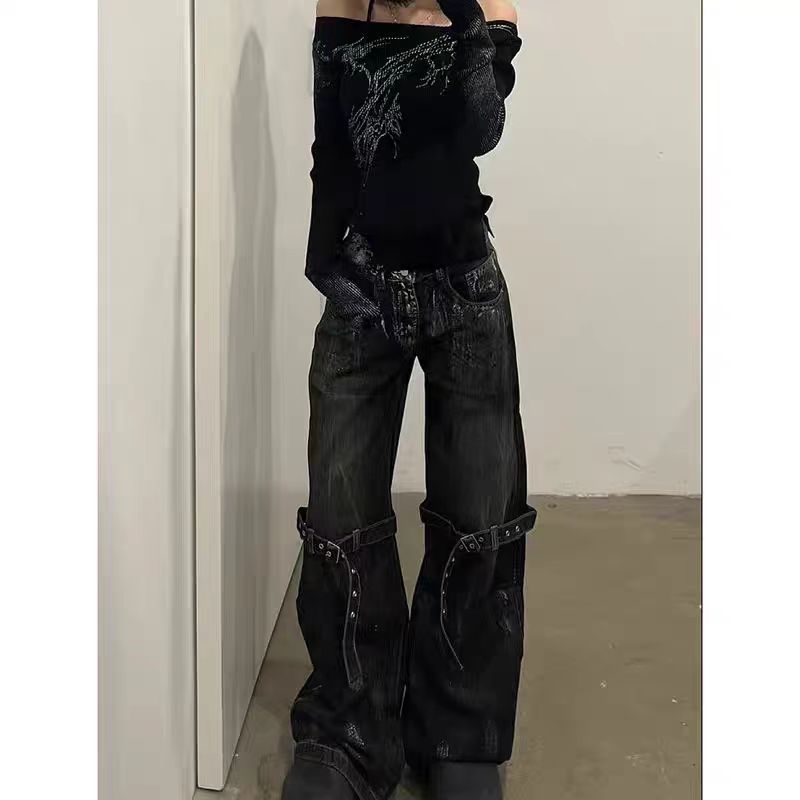 Retro Jeans Lace-up Deconstructed Wide-leg Pants Loose Trousers