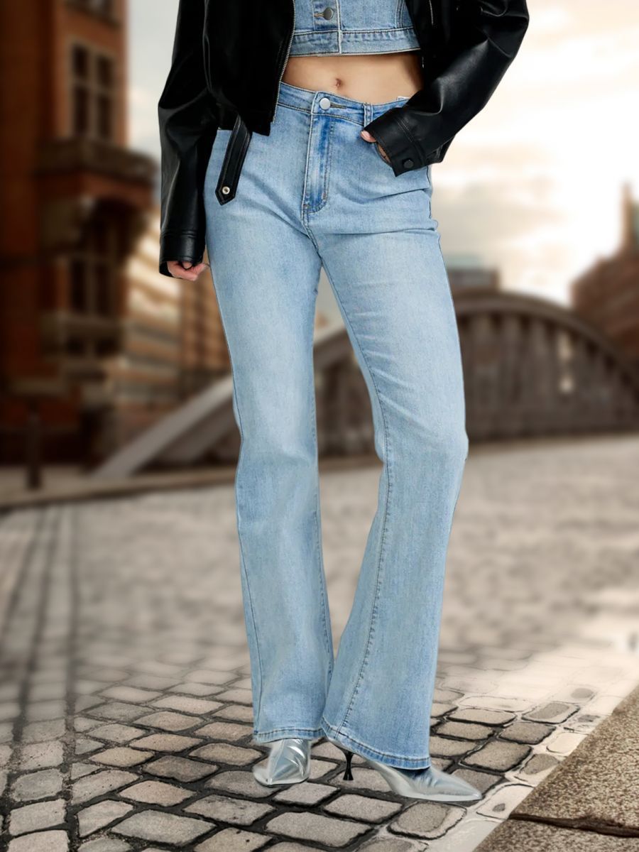 Mid-waist Retro Denim Bell-bottom Pants Stretch Multicolor