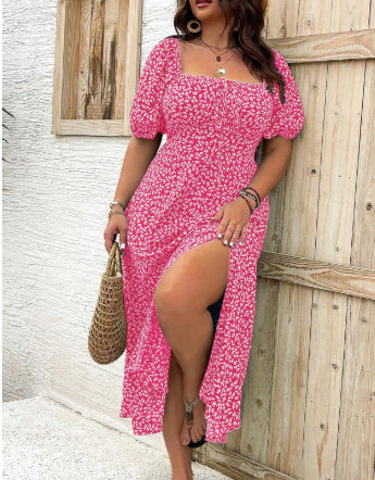 Square Collar Floral Dress Women