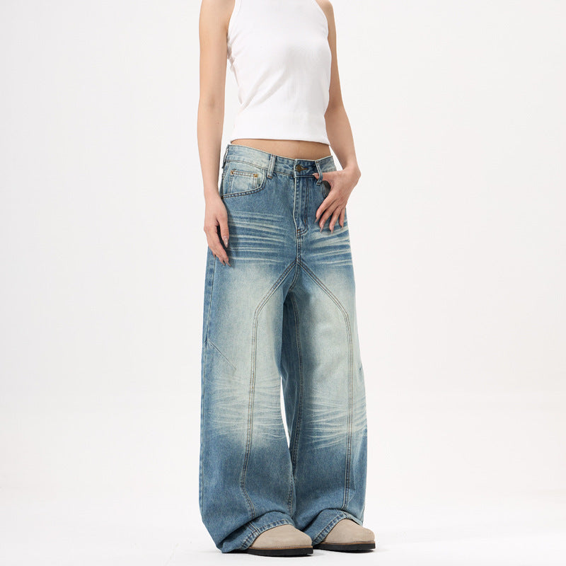 Wide-leg Blue Jeans Deconstruct Stitching Men And Women